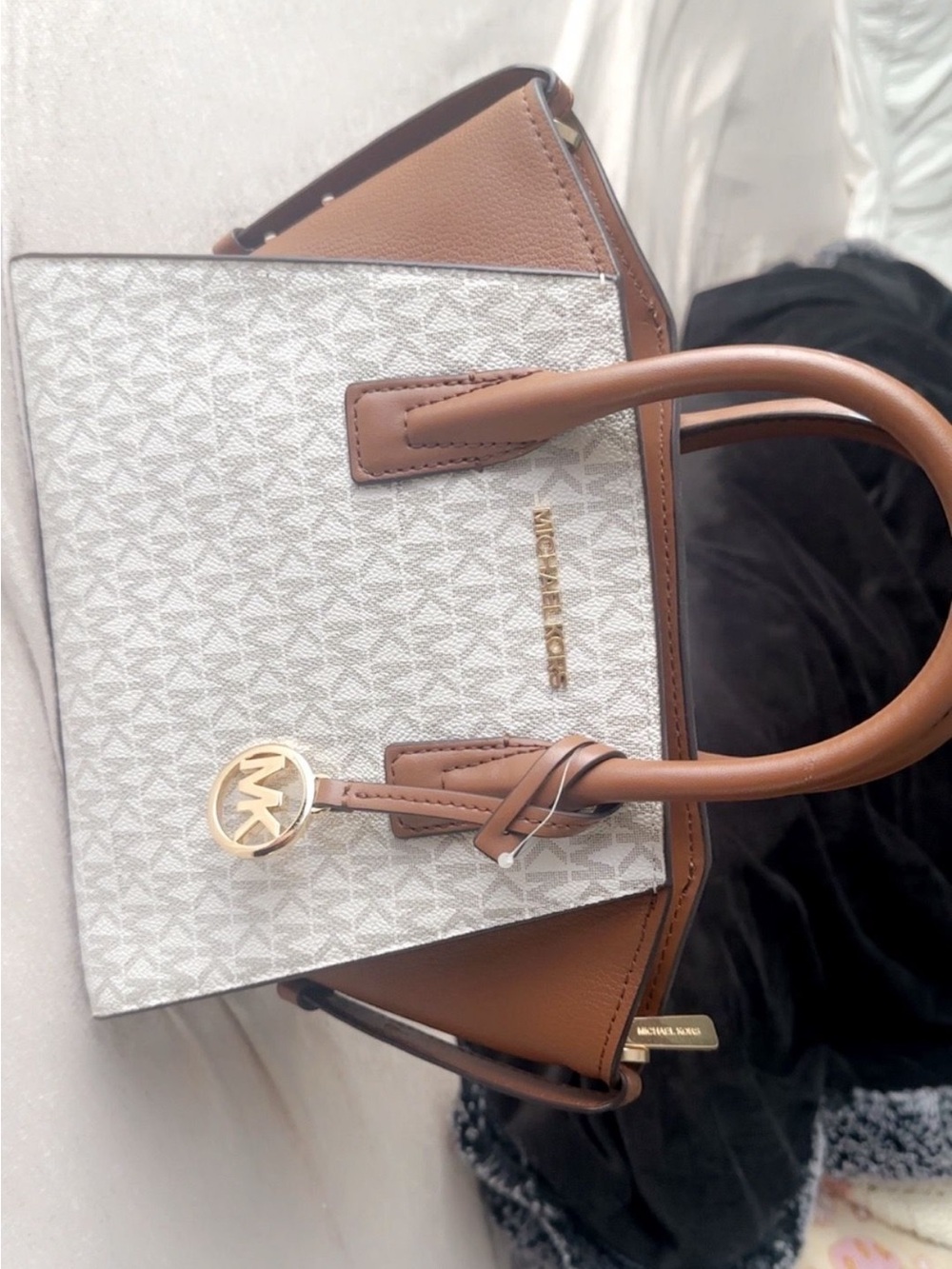 Michael Kors Beige & Brown Signature Satchel with Gold Hardware